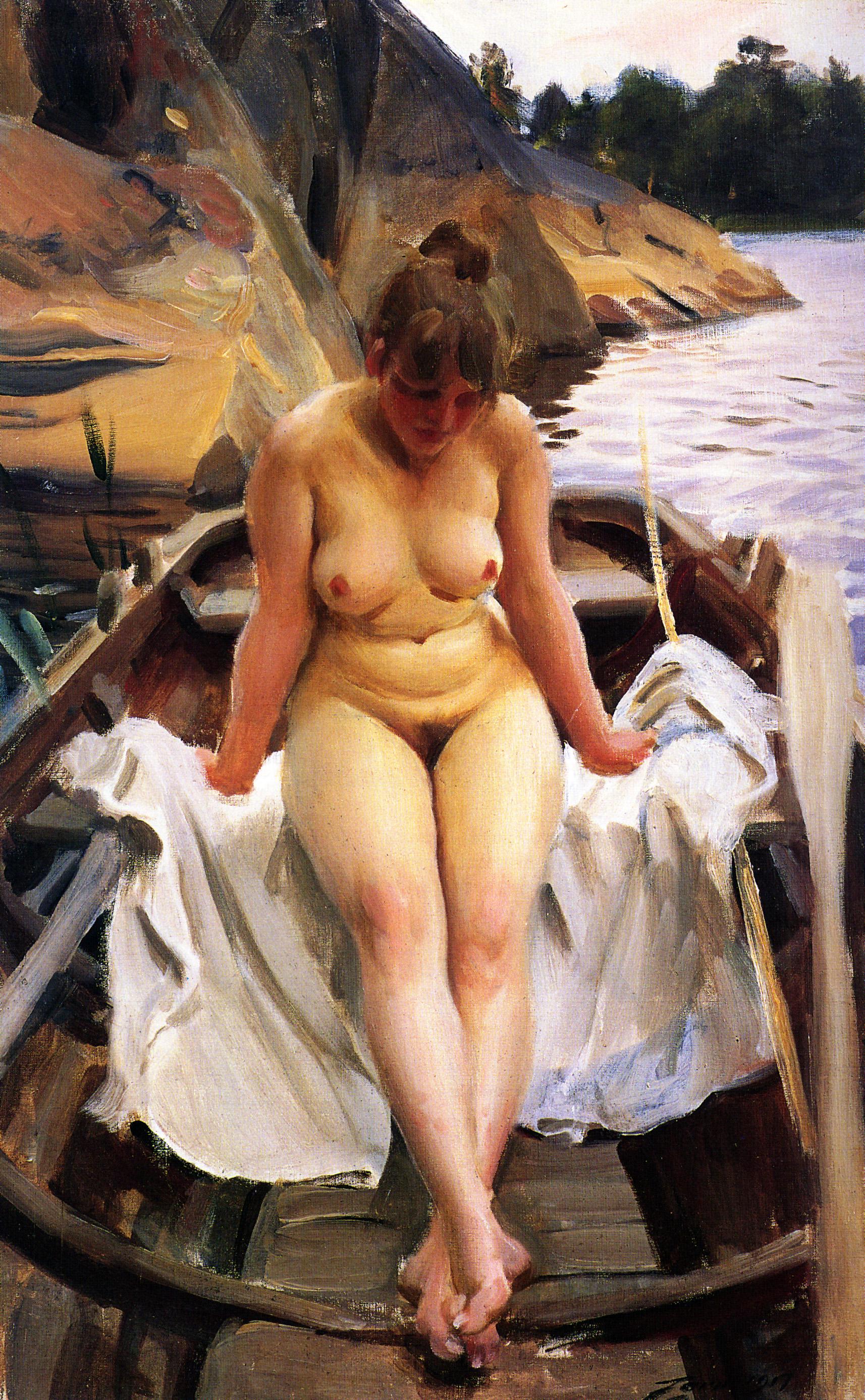 Anders Zorn "In Werner’s Rowing Boat" Canvas Print with Golden Vintage Frame FOSHE ART