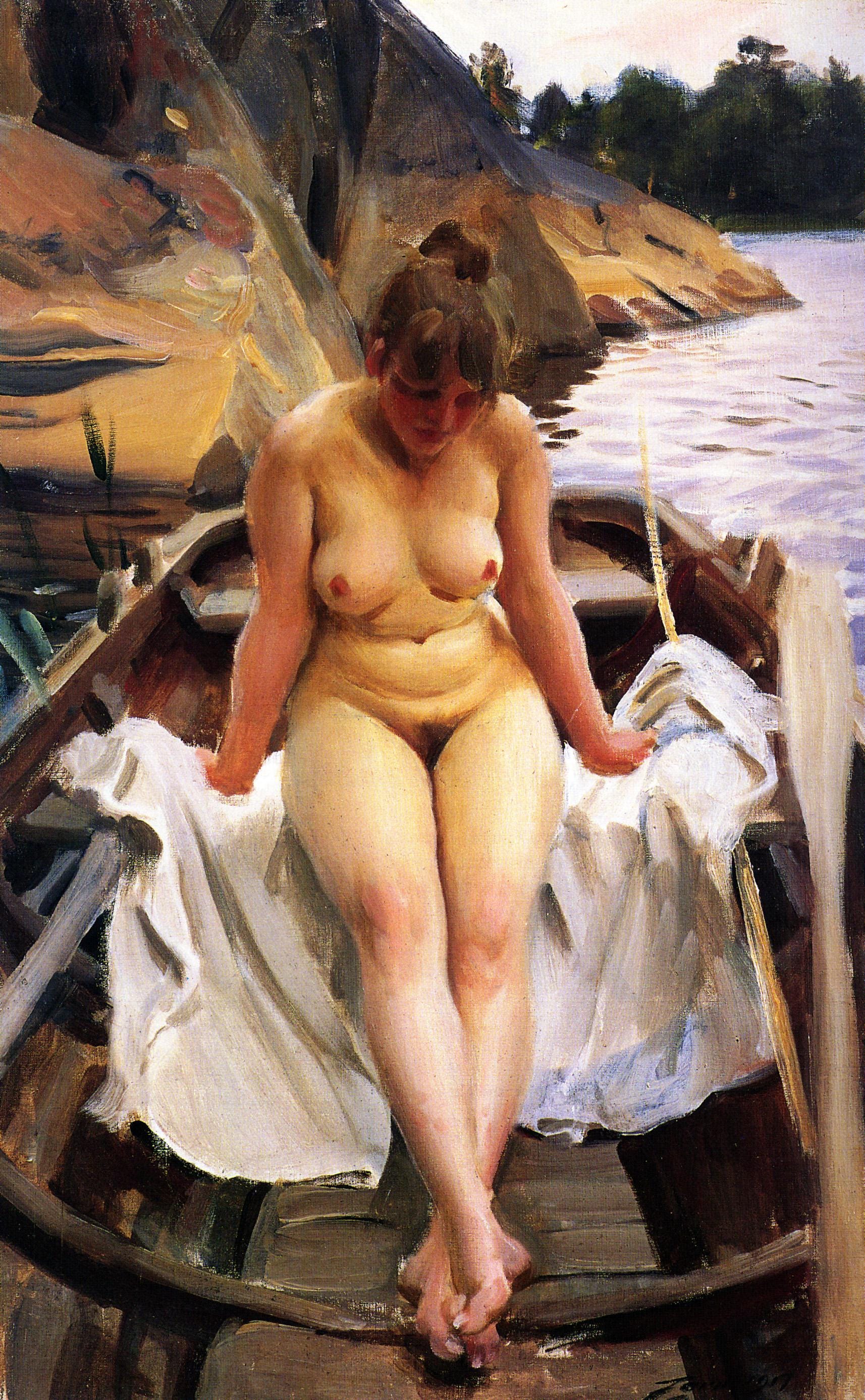 In Werner’s Rowing Boat art reproduction by Anders Zorn, 3D Hand-finish canvas with brush strokes, looks like original, Golden Vintage Frame FOSHE ART