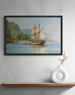 Pirates' Haunt, Cocos Island, Pacific Painting by Montague Dawson Premium Reproduction art print on canvas & art paper
