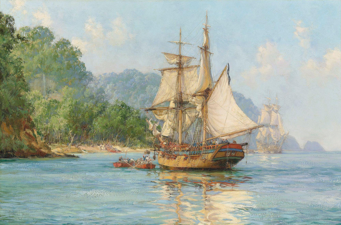 Pirates' Haunt, Cocos Island, Pacific Painting by Montague Dawson Premium Reproduction art print on canvas & art paper