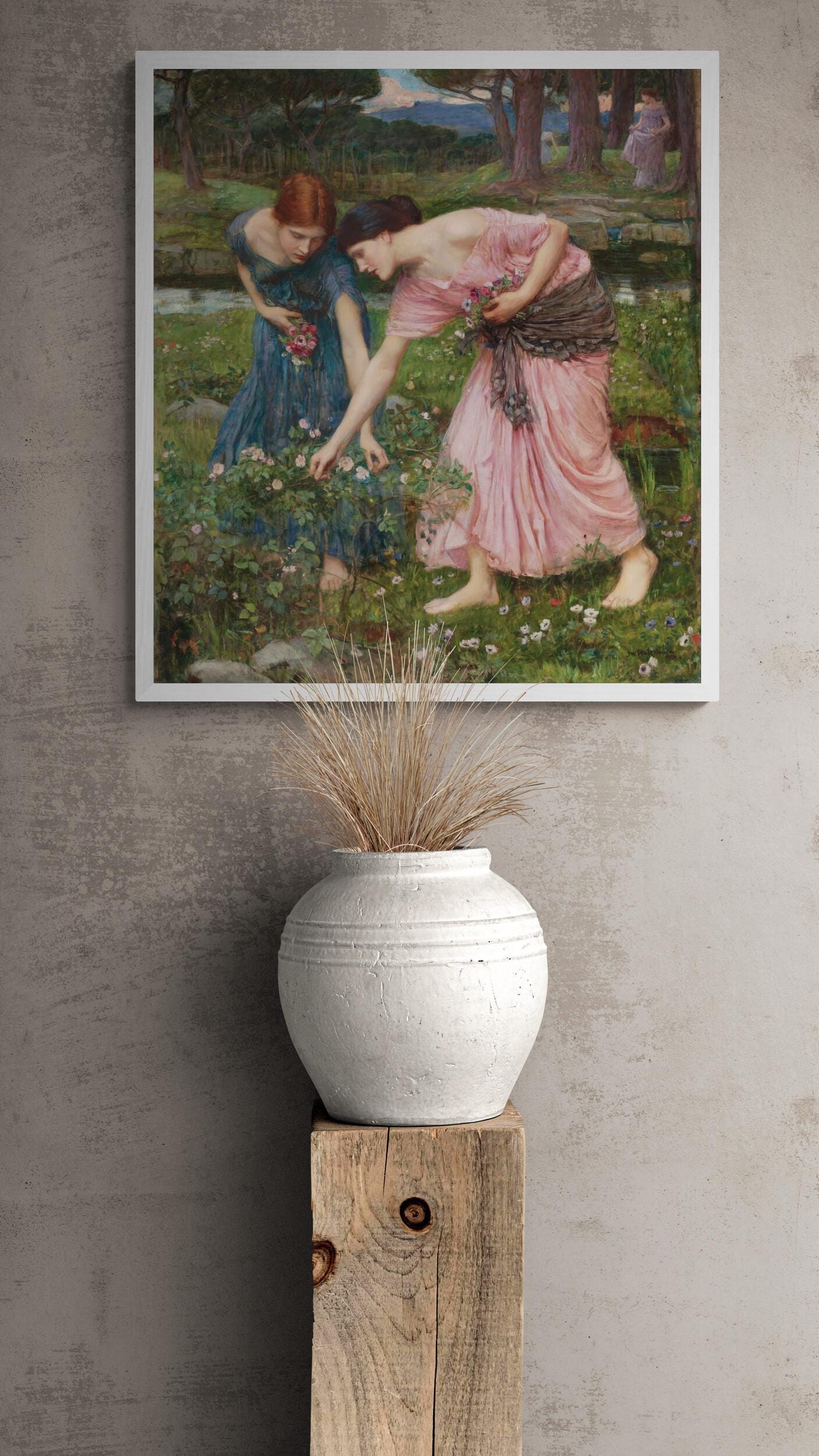 Timeless Elegance | John William Waterhouse - Gather Ye Rosebuds While Ye May (1908) | Fine Art Print | Art Paper, Canvas & 3D Print FOSHE ART