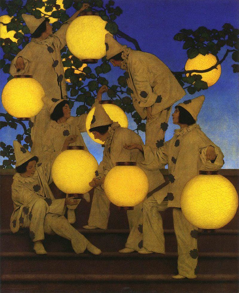 Lantern Bearers by Maxfield Parrish framed reproduction, 3D Hand-finish canvas with brush strokes, looks like original, Golden Vintage Frame FOSHE ART