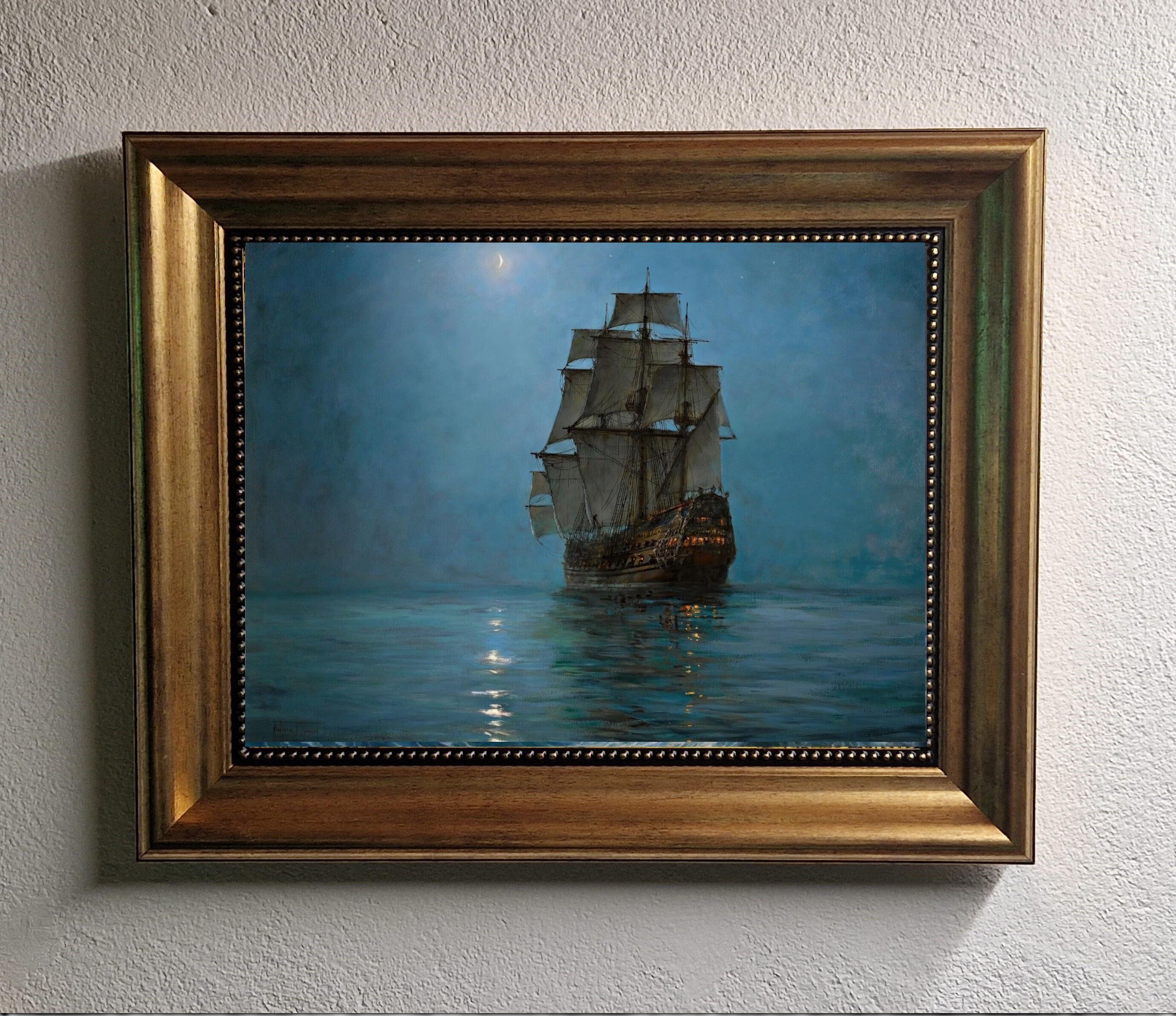 Montague Dawson Crescent Moon Painting, Giclée Canvas Print, Golden Vintage Frame FOSHE ART
