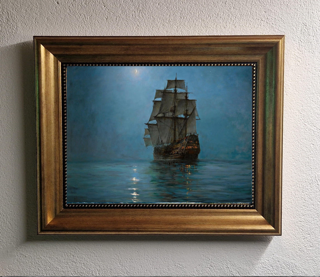Montague Dawson Crescent Moon Painting, Giclée Canvas Print, Golden Vintage Frame FOSHE ART