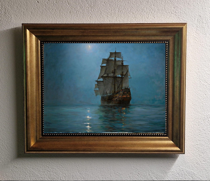 Montague Dawson Crescent Moon Painting, Giclée Canvas Print, Golden Vintage Frame FOSHE ART