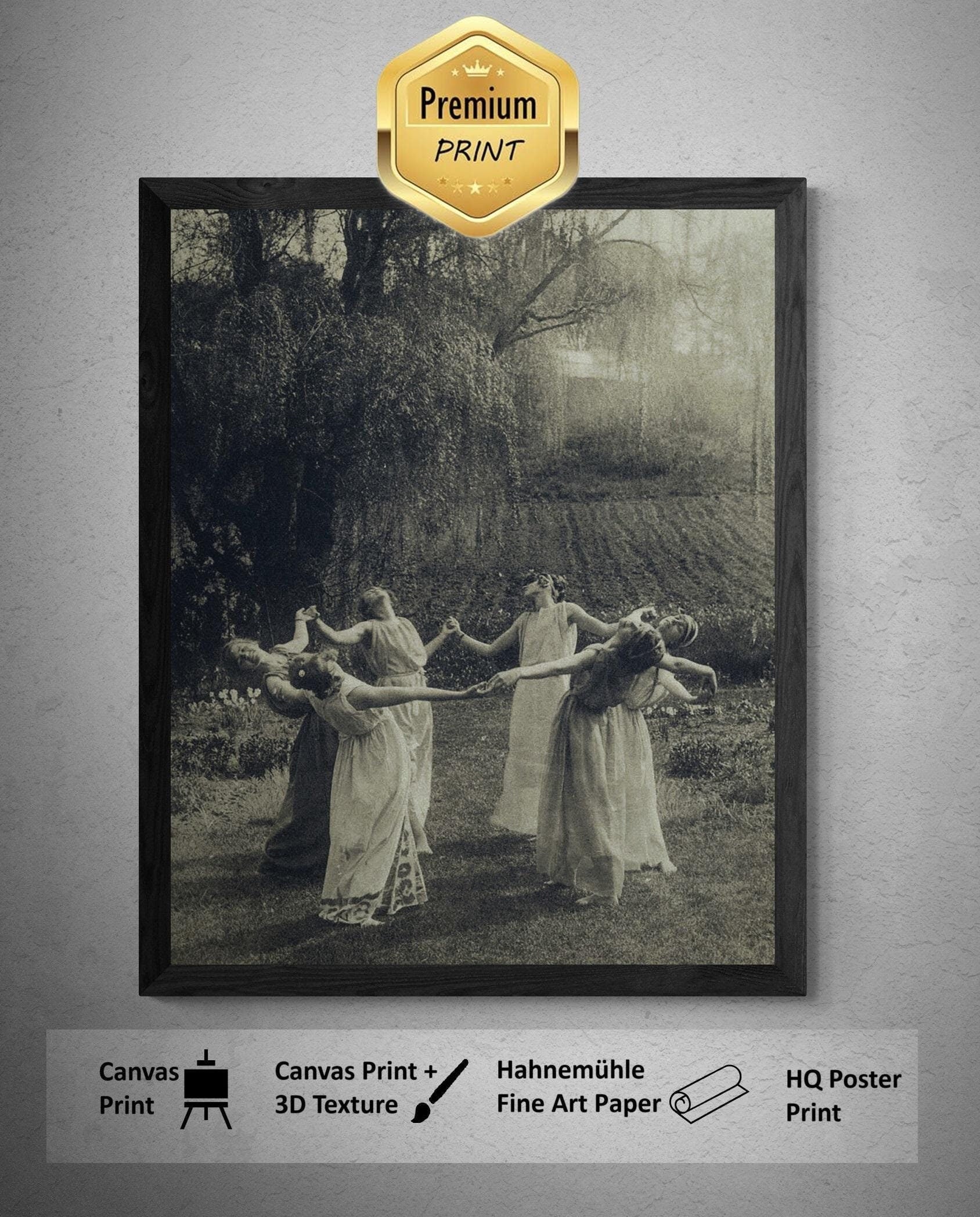 Vintage Witch Circle Print, Dancing Women Art, Giclee Canvas or Paper FOSHE ART
