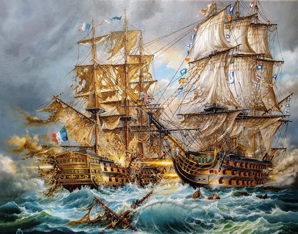 Battle of Trafalgar HMS Victory, Giclée Canvas Print with Vintage Frame FOSHE ART