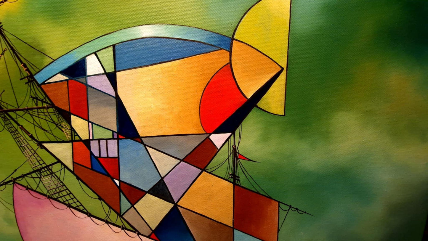 GREEN STORM: Premium reproduction of original oil painting with vintage golden frame - Hand-signed by artist