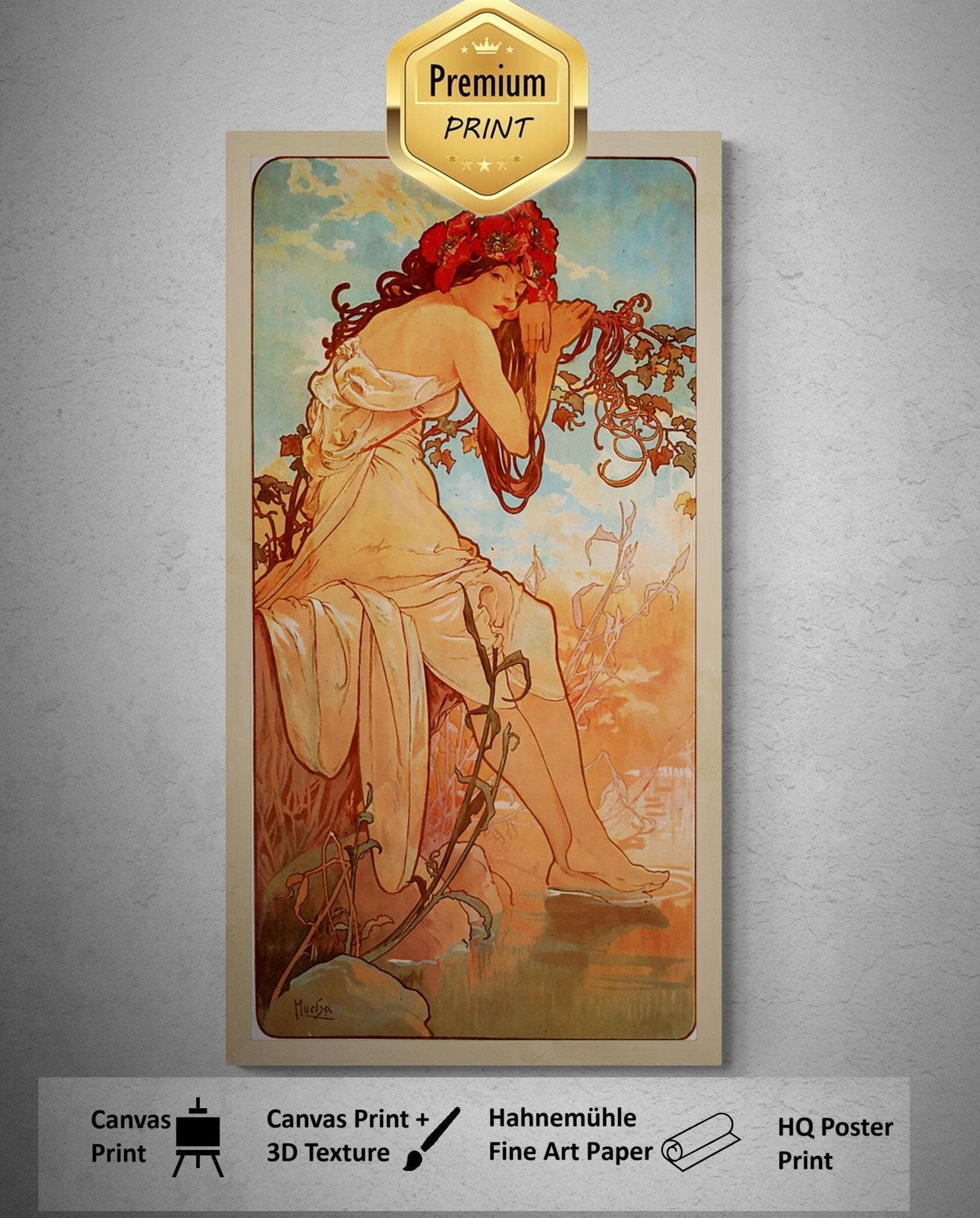 Alfons Mucha Summer Art Nouveau Print: Fine Art Paper, Canvas, 3D Texture FOSHE ART