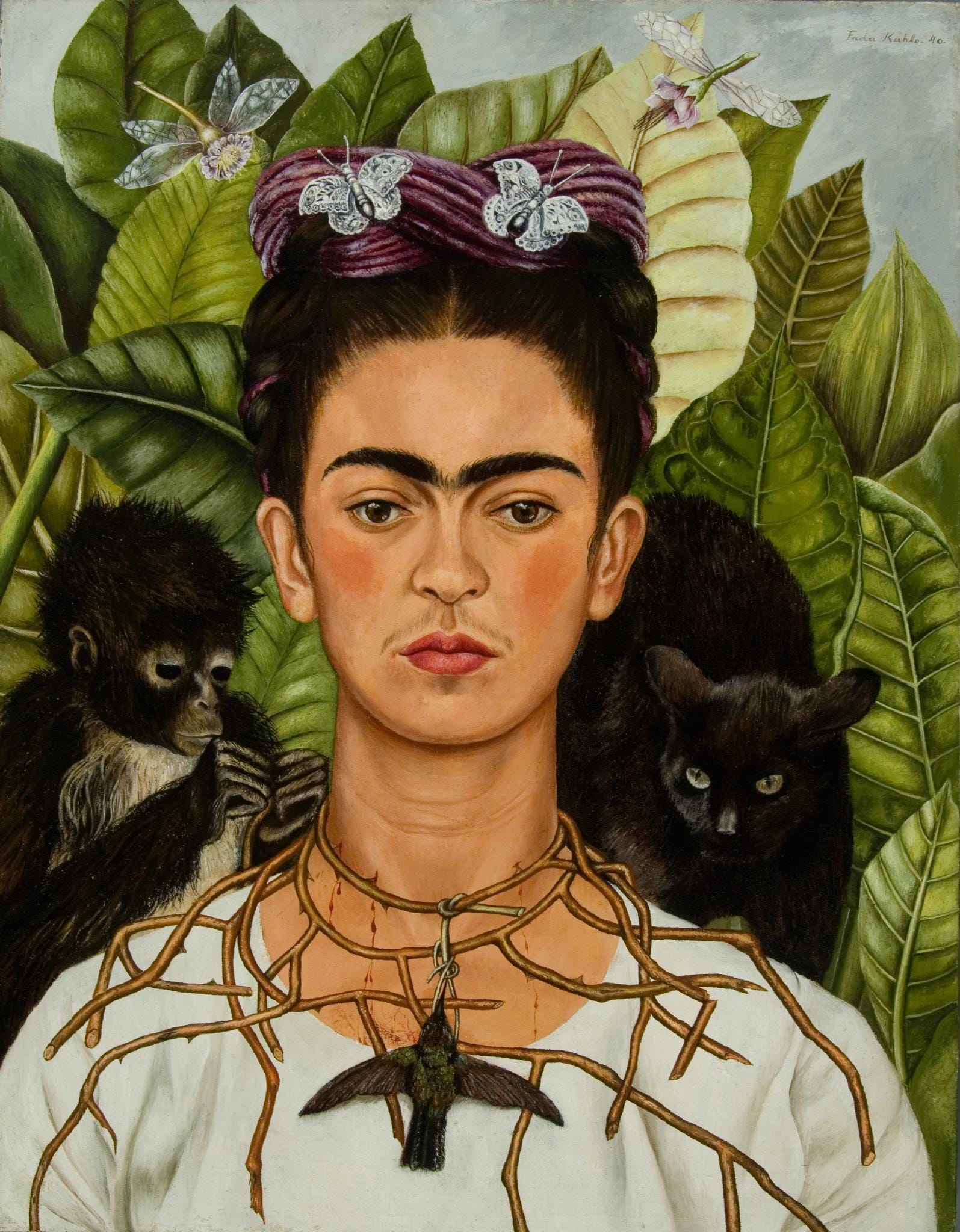Frida Kahlo Self-Portrait Print: Necklace of Thorns, Framed Canvas Reproduction FOSHE ART