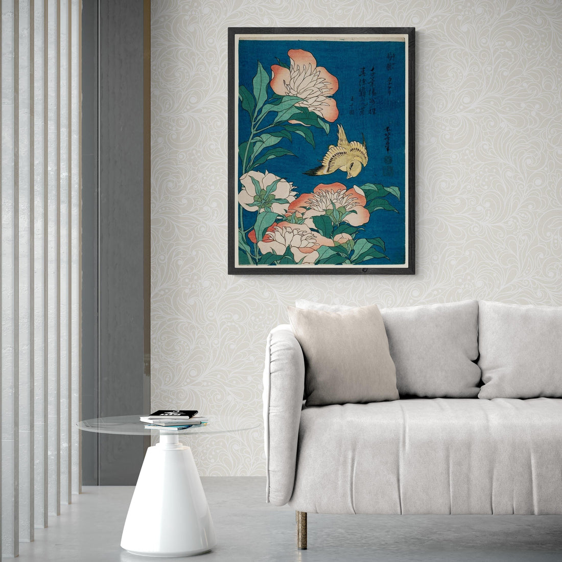 Katsushika Hokusai - Peonies and Canary | Fine Art Print | Art Paper, Canvas & 3D Hand Finished Premium Texture Print with brush strokes FOSHE ART