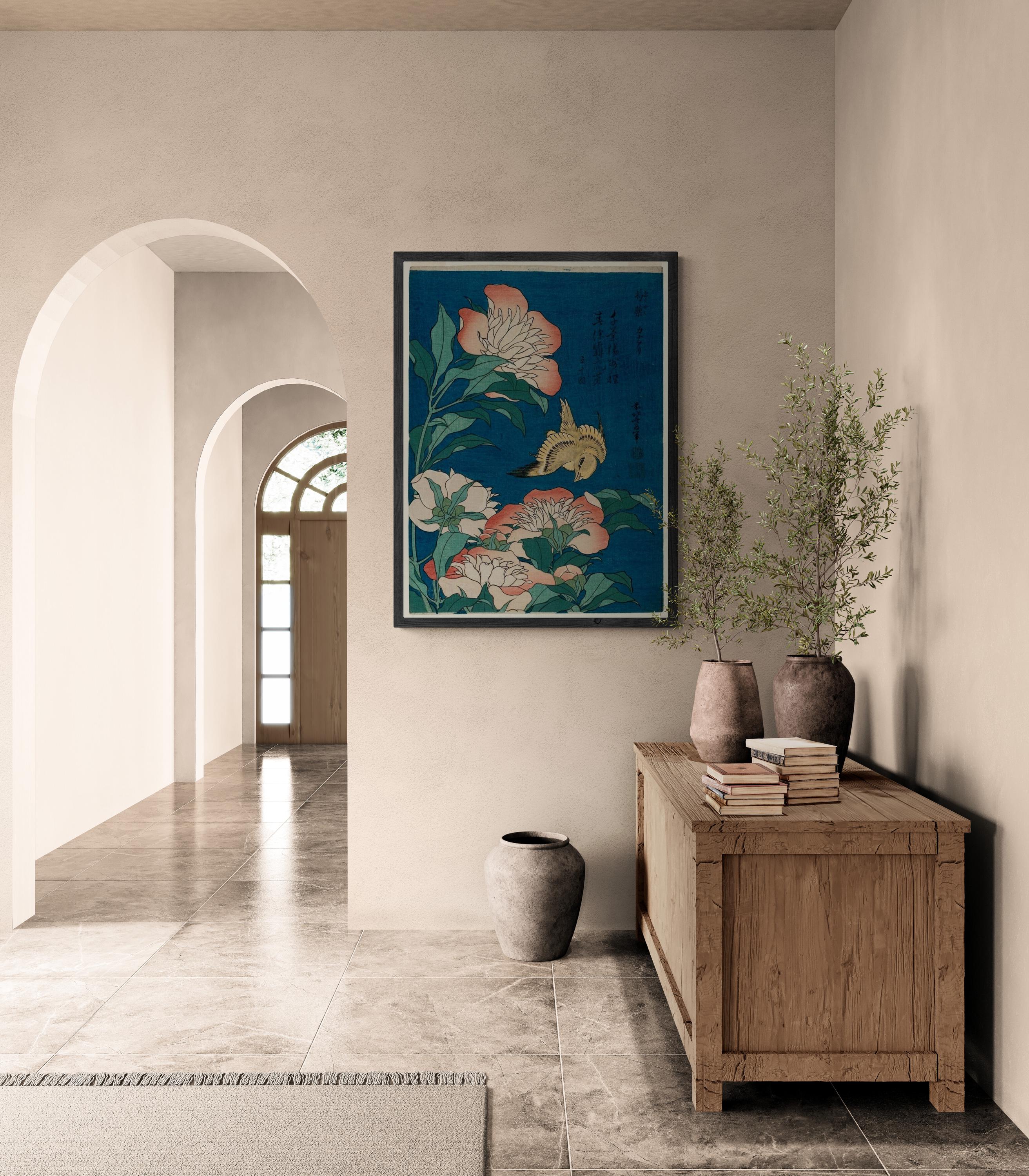 Katsushika Hokusai - Peonies and Canary | Fine Art Print | Art Paper, Canvas & 3D Hand Finished Premium Texture Print with brush strokes