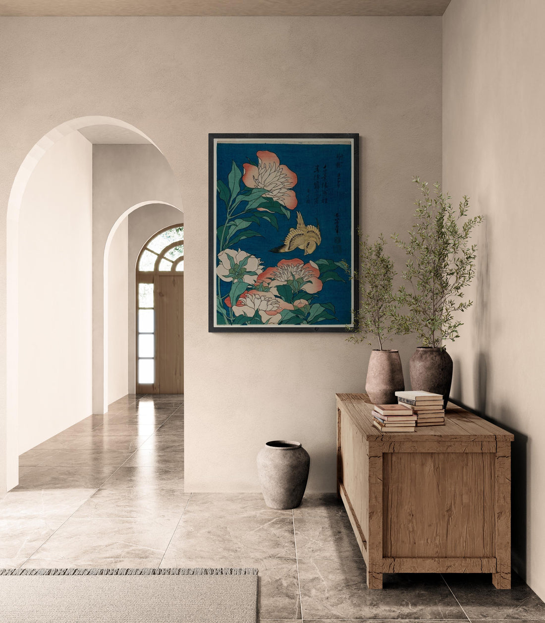 Katsushika Hokusai - Peonies and Canary | Fine Art Print | Art Paper, Canvas & 3D Hand Finished Premium Texture Print with brush strokes