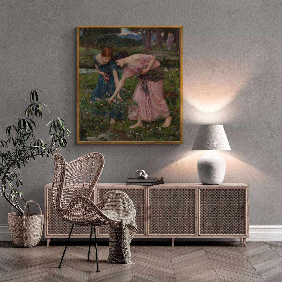 Timeless Elegance | John William Waterhouse - Gather Ye Rosebuds While Ye May (1908) | Fine Art Print | Art Paper, Canvas & 3D Print FOSHE ART