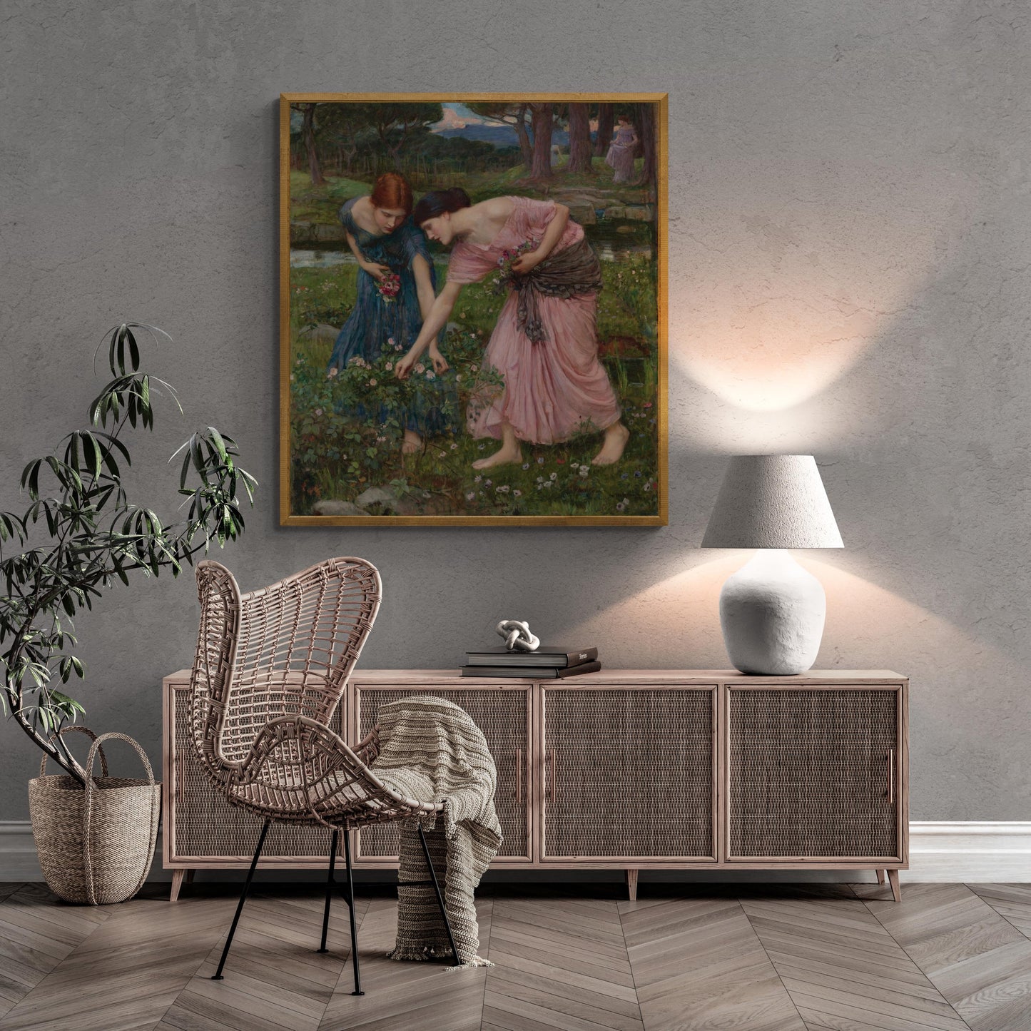 Timeless Elegance | John William Waterhouse - Gather Ye Rosebuds While Ye May (1908) | Fine Art Print | Art Paper, Canvas & 3D Print FOSHE ART