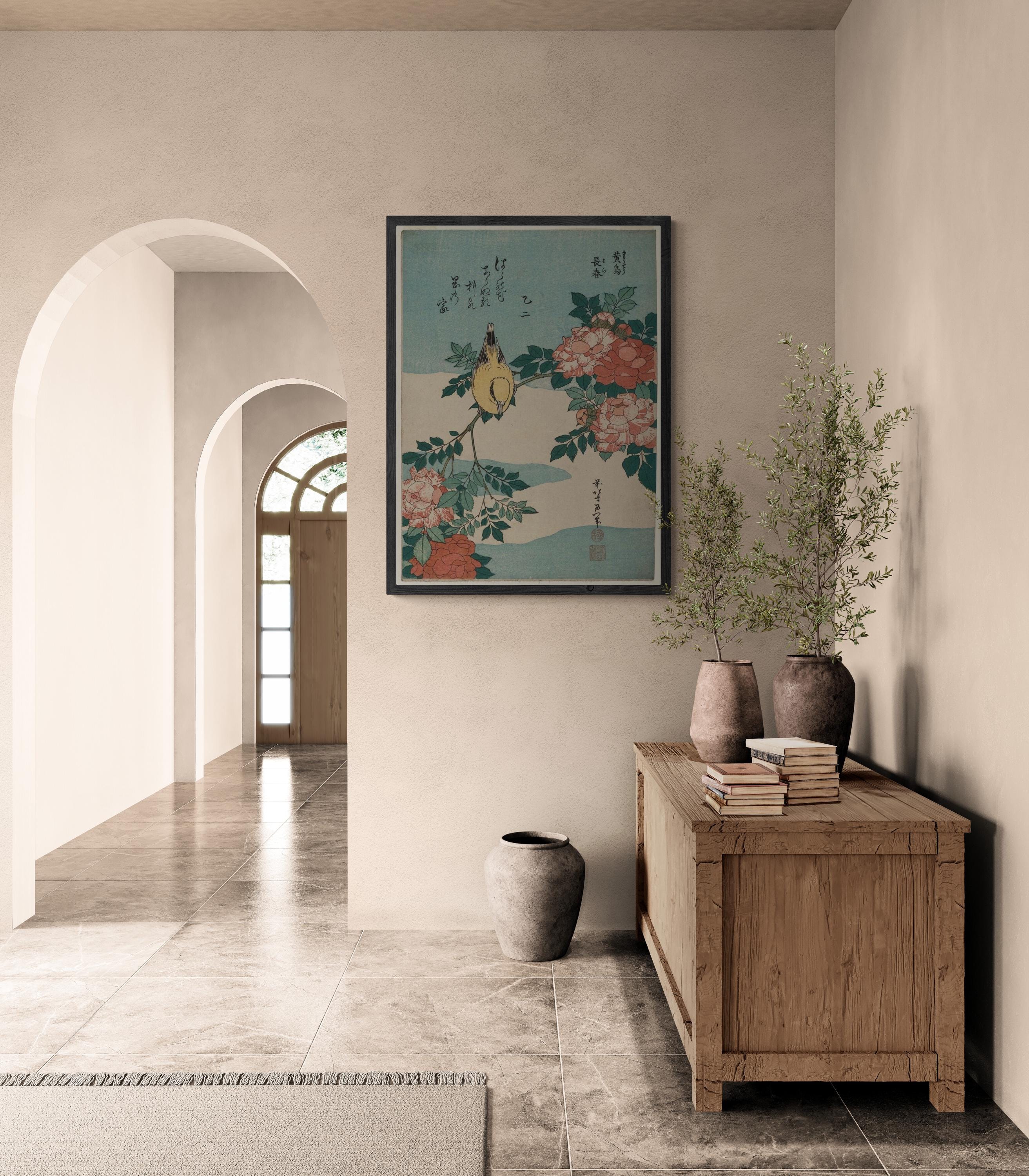 Katsushika Hokusai - Warbler and Roses | Fine Art Print | Art Paper, Canvas & 3D Hand Finished Premium Texture Print with brush strokes FOSHE ART