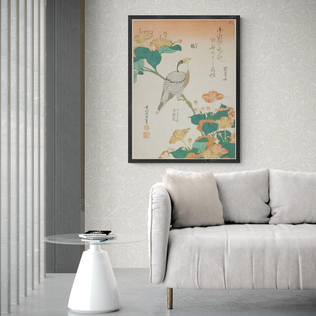 Katsushika Hokusai - Hawfinch and Marvel of Peru | Fine Art Print | Art Paper, Canvas & 3D Hand Finished Premium Texture Print FOSHE ART