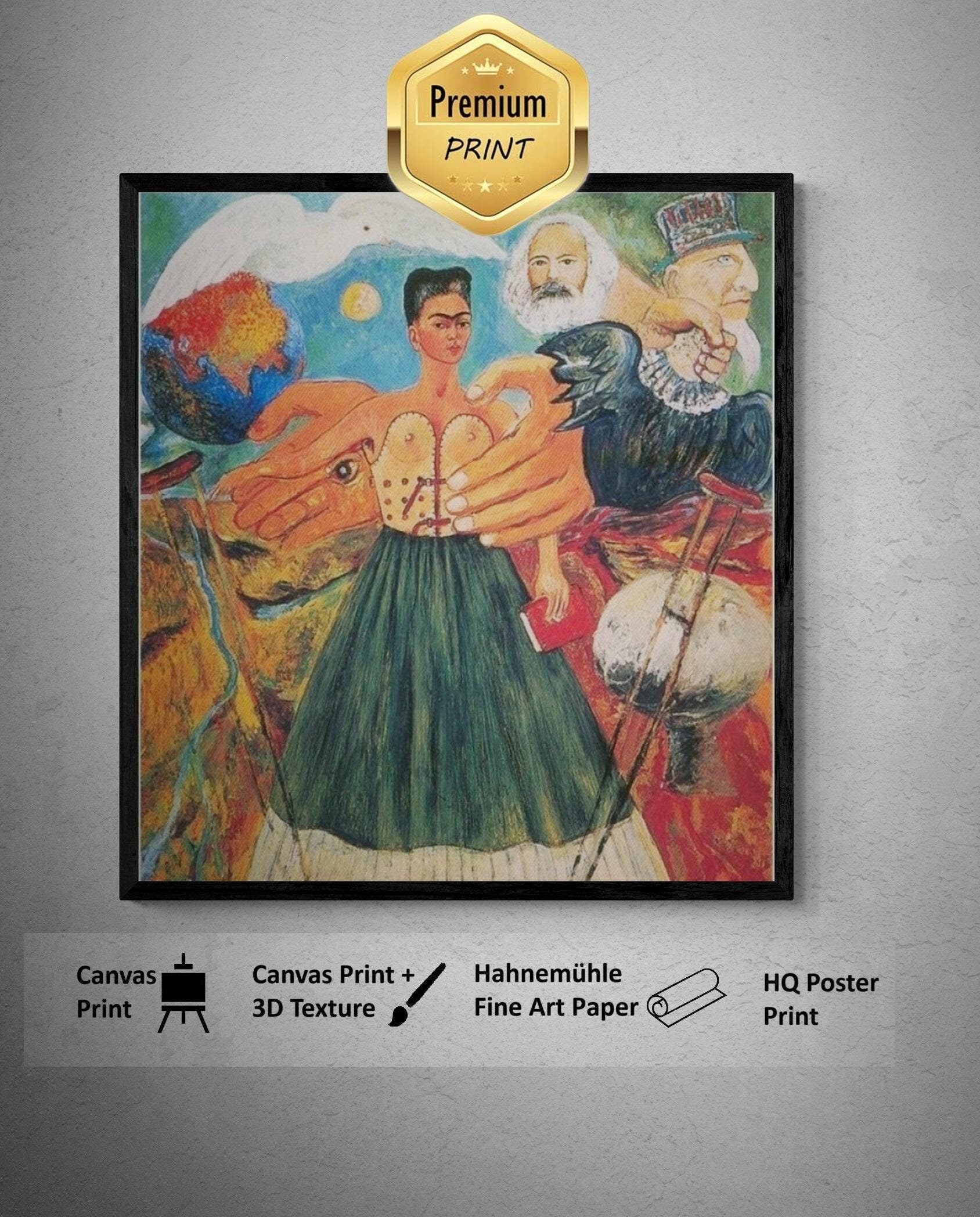 Powerful Symbolism: Frida Kahlo - Marxism Will Give Health to the Sick, Fine Art Print, Art Paper, Canvas & 3D Hand Finished Texture Print FOSHE ART