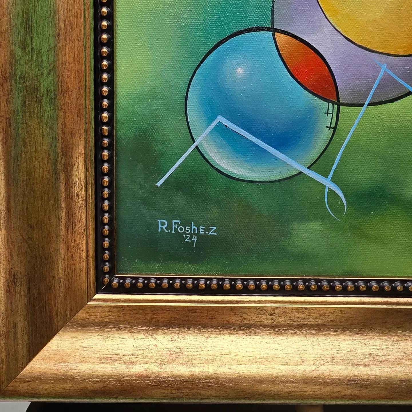 GREEN STORM: Premium reproduction of original oil painting with vintage golden frame - Hand-signed by artist