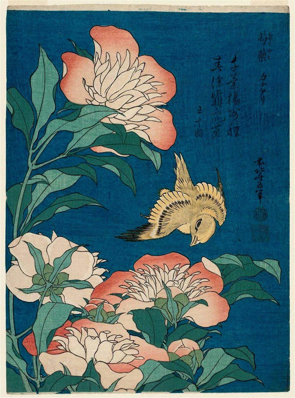 Katsushika Hokusai - Peonies and Canary | Fine Art Print | Art Paper, Canvas & 3D Hand Finished Premium Texture Print with brush strokes FOSHE ART