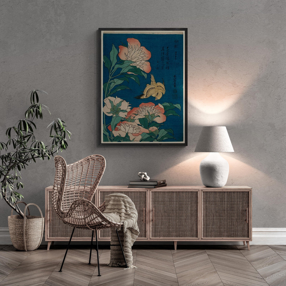 Katsushika Hokusai - Peonies and Canary | Fine Art Print | Art Paper, Canvas & 3D Hand Finished Premium Texture Print with brush strokes