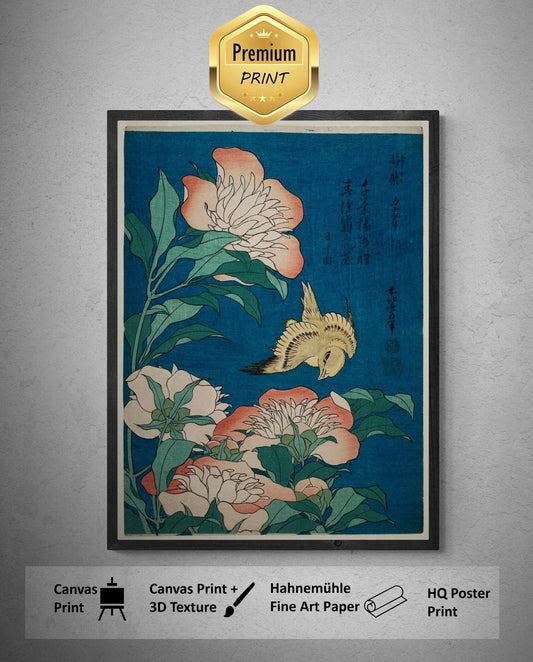 Katsushika Hokusai - Peonies and Canary | Fine Art Print | Art Paper, Canvas & 3D Hand Finished Premium Texture Print with brush strokes