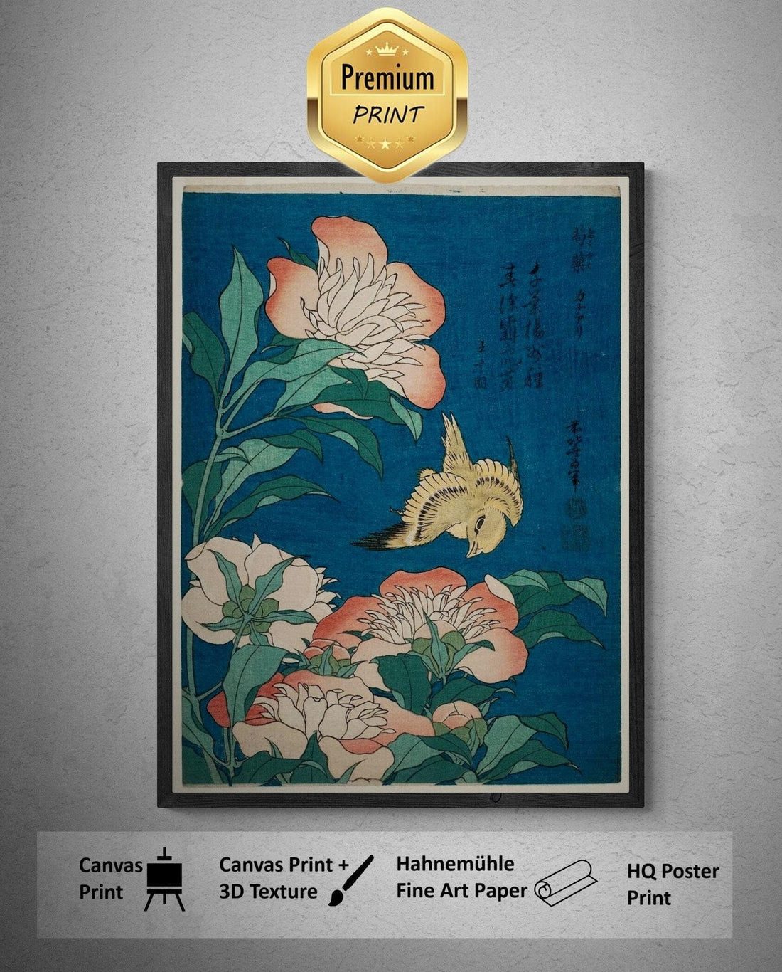 Katsushika Hokusai - Peonies and Canary | Fine Art Print | Art Paper, Canvas & 3D Hand Finished Premium Texture Print with brush strokes FOSHE ART