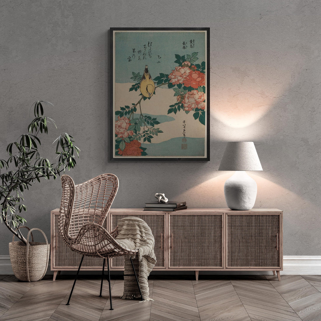 Katsushika Hokusai - Warbler and Roses | Fine Art Print | Art Paper, Canvas & 3D Hand Finished Premium Texture Print with brush strokes