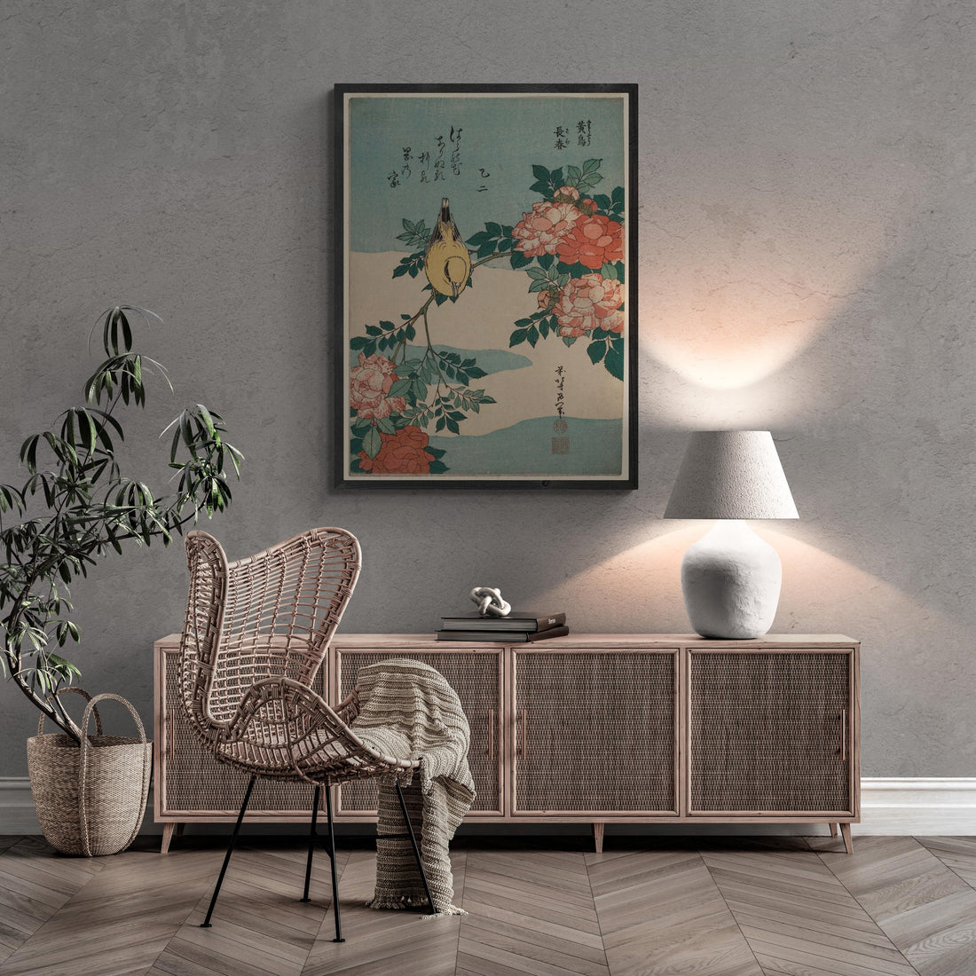 Hokusai Warbler and Roses Print – Japanese Art, Ukiyo-e FOSHE ART