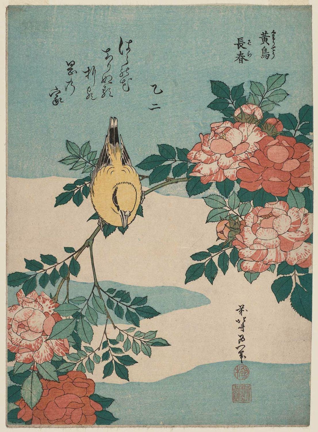 Hokusai Warbler and Roses Print – Japanese Art, Ukiyo-e FOSHE ART
