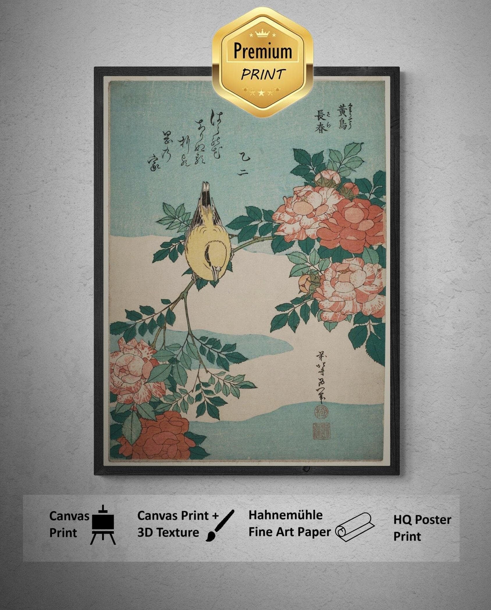 Katsushika Hokusai - Warbler and Roses | Fine Art Print | Art Paper, Canvas & 3D Hand Finished Premium Texture Print with brush strokes FOSHE ART