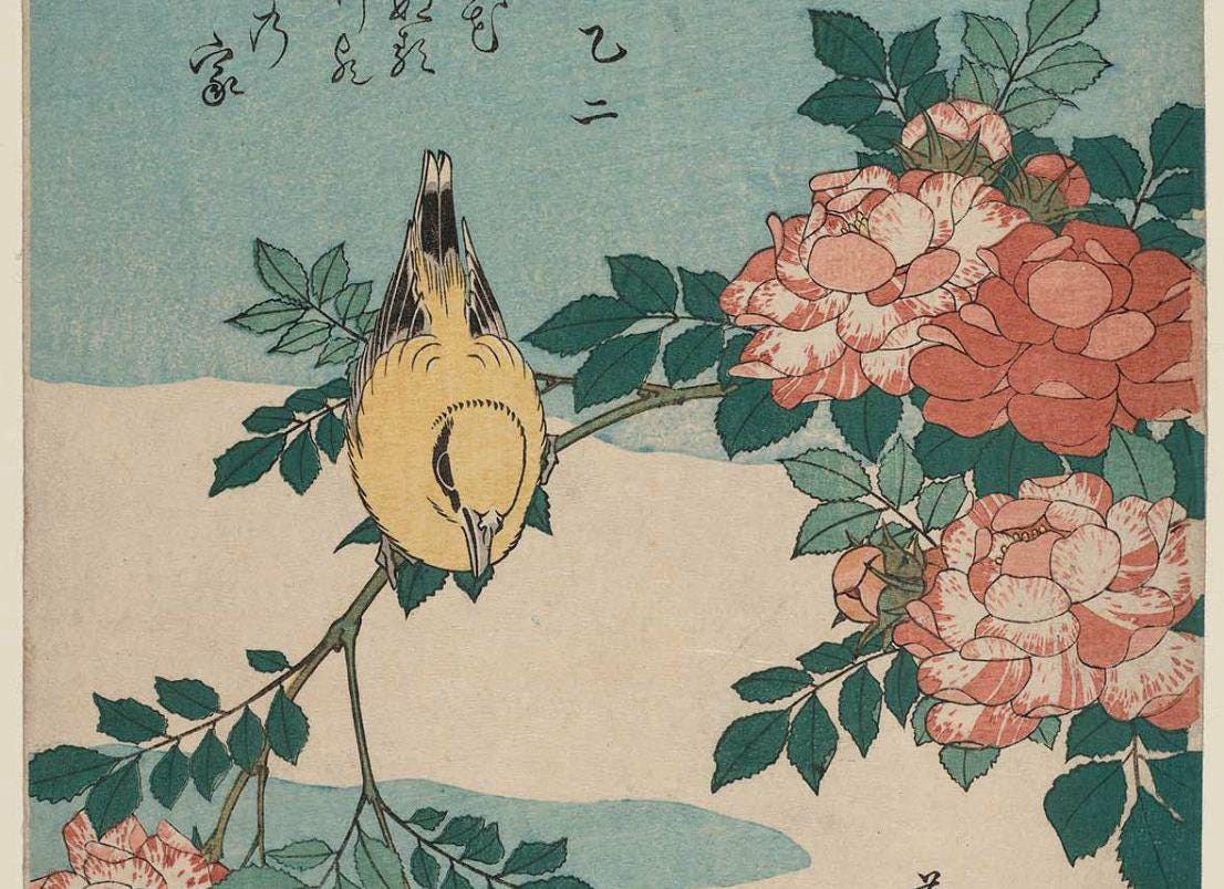 Katsushika Hokusai - Warbler and Roses | Fine Art Print | Art Paper, Canvas & 3D Hand Finished Premium Texture Print with brush strokes FOSHE ART