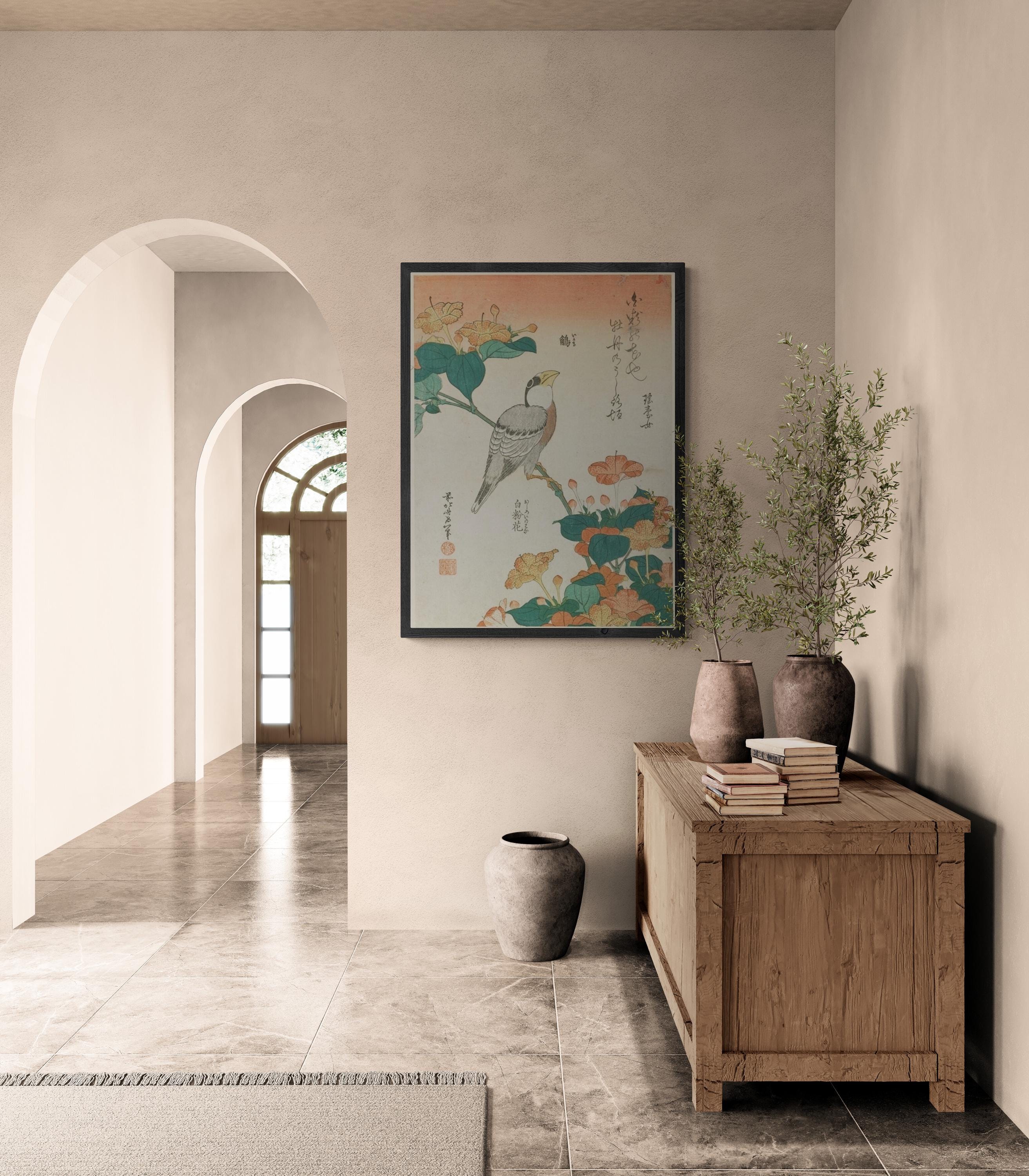 Katsushika Hokusai - Hawfinch and Marvel of Peru | Fine Art Print | Art Paper, Canvas & 3D Hand Finished Premium Texture Print