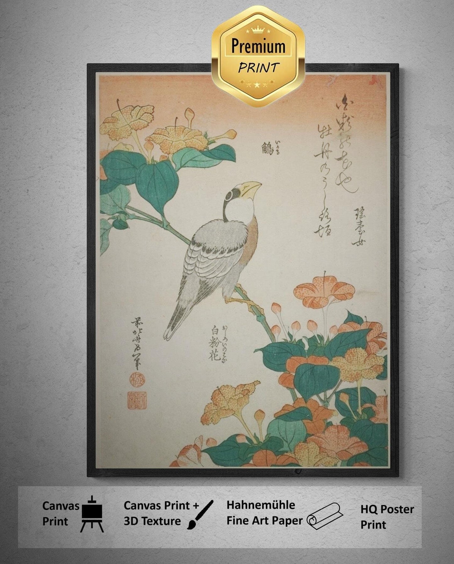 Katsushika Hokusai - Hawfinch and Marvel of Peru | Fine Art Print | Art Paper, Canvas & 3D Hand Finished Premium Texture Print