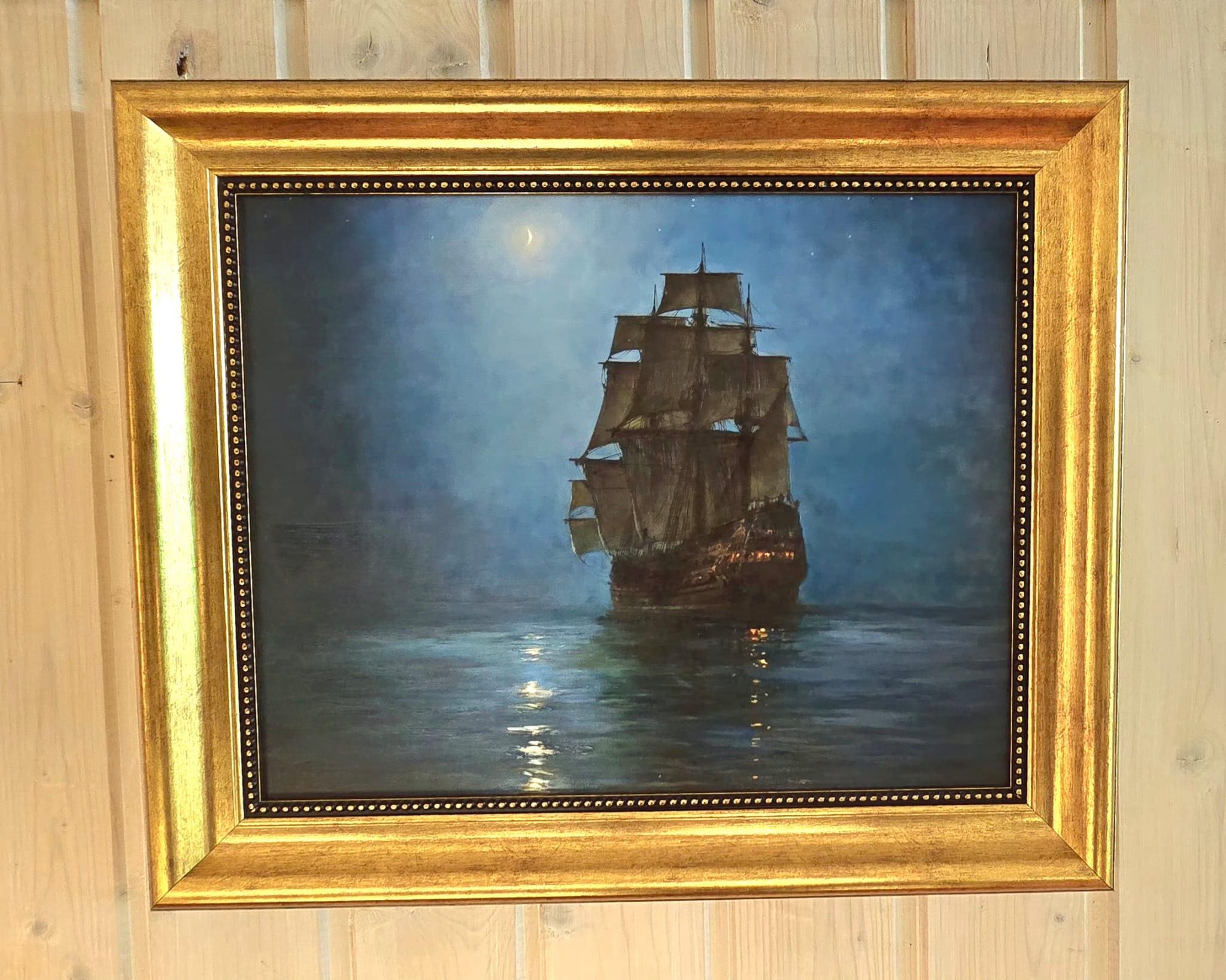 Montague Dawson Crescent Moon Painting, Giclée Canvas Print, Golden Vintage Frame FOSHE ART