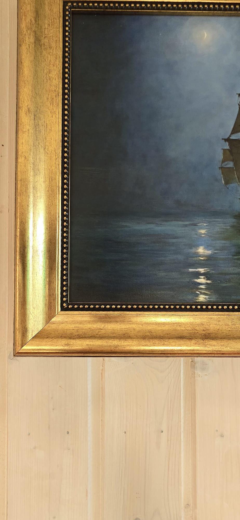 Montague Dawson Crescent Moon Painting, Giclée Canvas Print, Golden Vintage Frame FOSHE ART