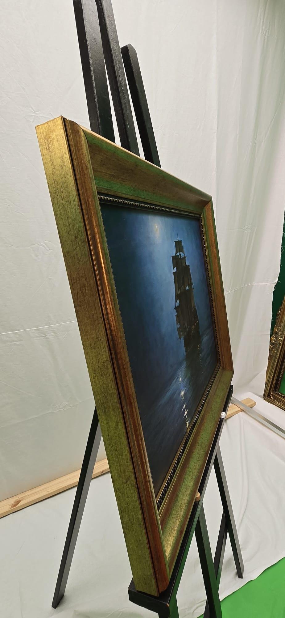 Mystic Voyage: Ship at Night, Gliclée canvas hand finished premium print with brush strokes and golden vintageous frame looks like original FOSHE ART