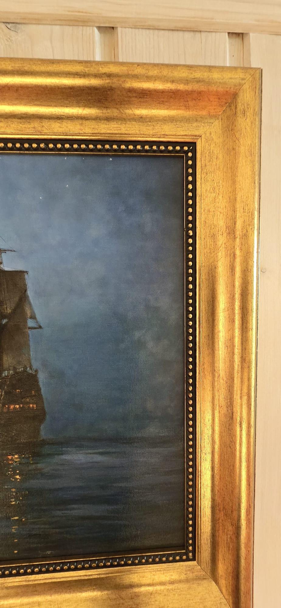 Montague Dawson Crescent Moon Painting, Giclée Canvas Print, Golden Vintage Frame FOSHE ART