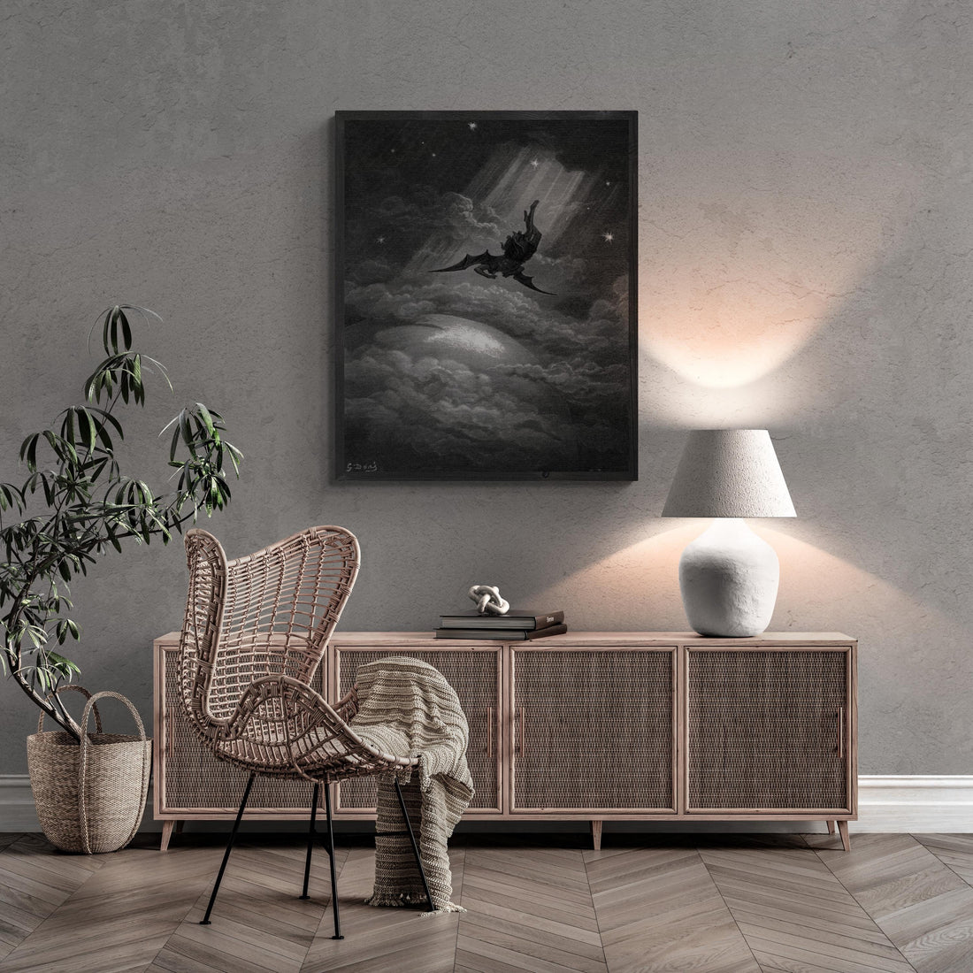 Gustave Doré - Fall of Satan from Paradise Lost | Fine Art Print | Art Paper, Canvas & 3D Hand Finished Premium Texture Print brush strokes