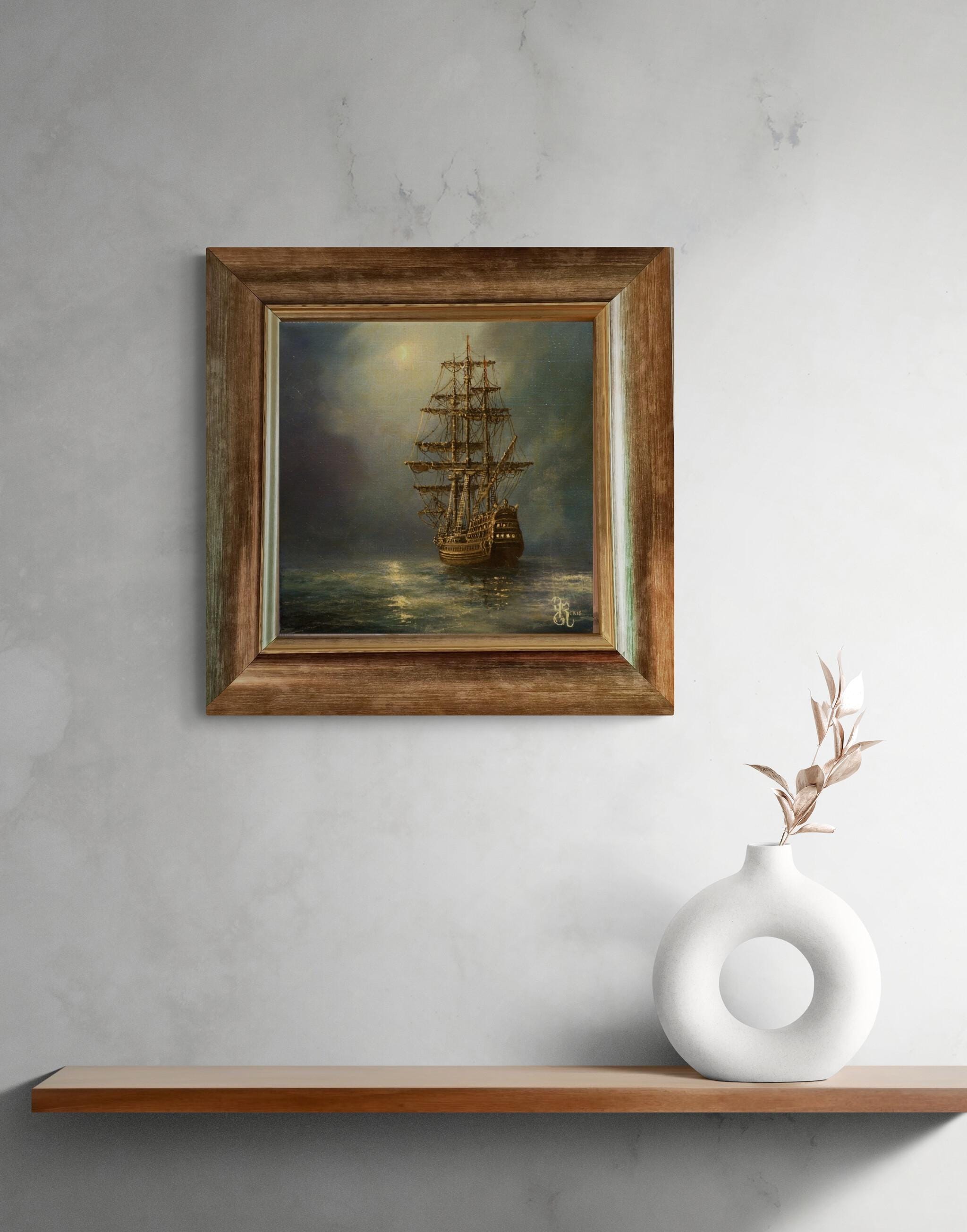 Mystic Voyage Giclee Art Print | Ship at Night Seascape Wall Art | Vintage Tall Ship Decoration in Framed Print