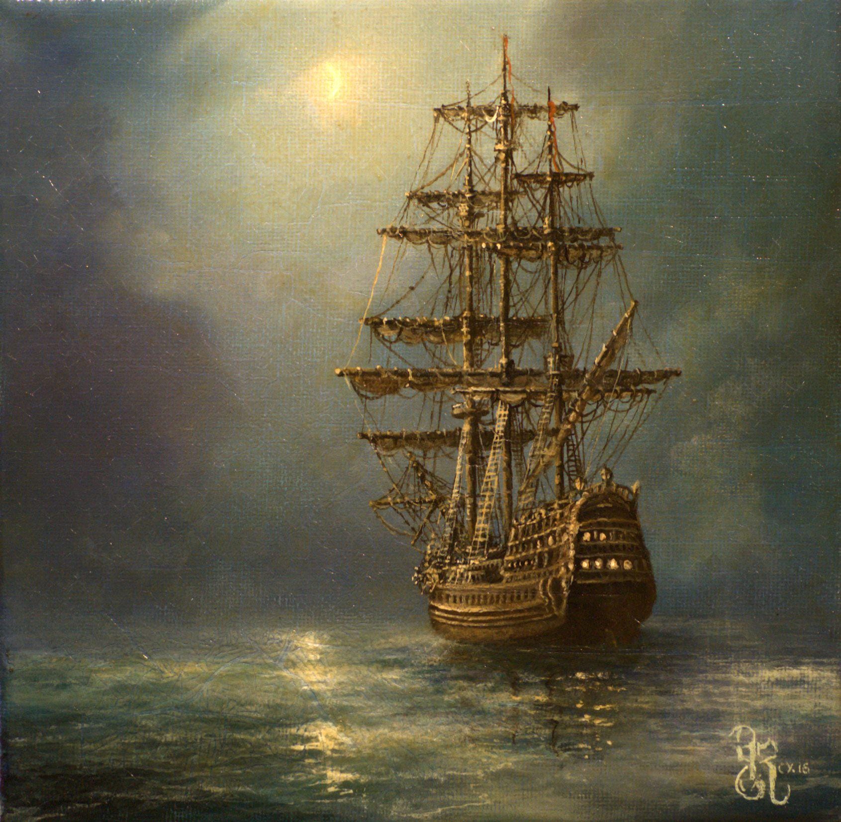 Mystic Voyage Giclee Art Print | Ship at Night Seascape Wall Art | Vintage Tall Ship Decoration in Framed Print