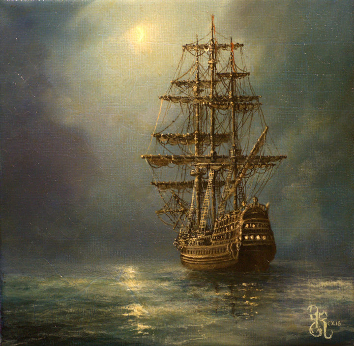 Mystic Voyage Giclee Art Print | Ship at Night Seascape Wall Art | Vintage Tall Ship Decoration in Framed Print