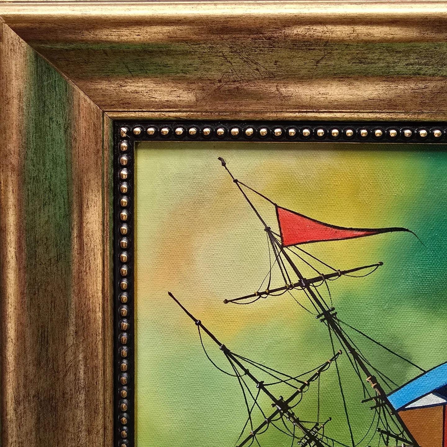 GREEN STORM: Premium reproduction of original oil painting with vintage golden frame - Hand-signed by artist