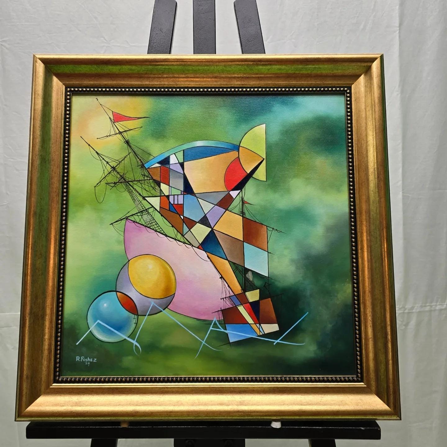 GREEN STORM: Premium reproduction of original oil painting with vintage golden frame - Hand-signed by artist