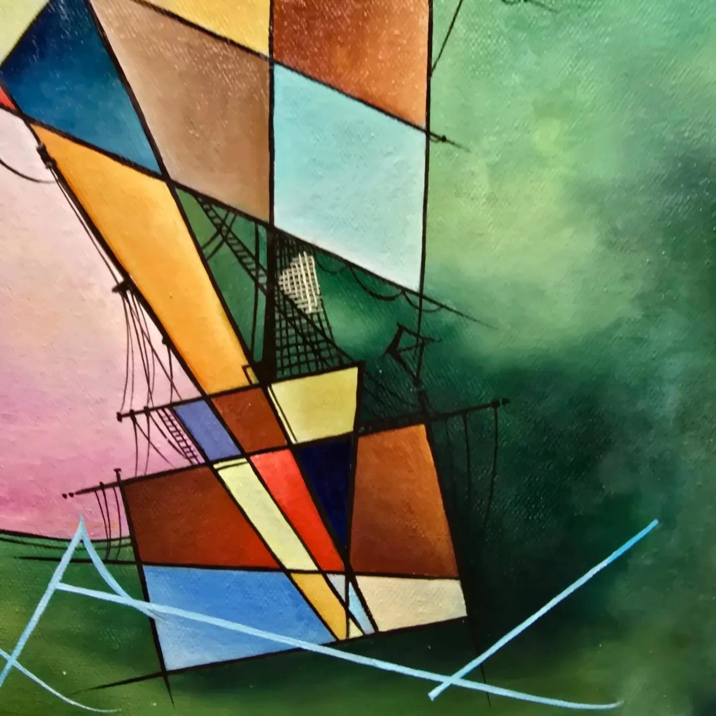 GREEN STORM: Premium reproduction of original oil painting with vintage golden frame - Hand-signed by artist