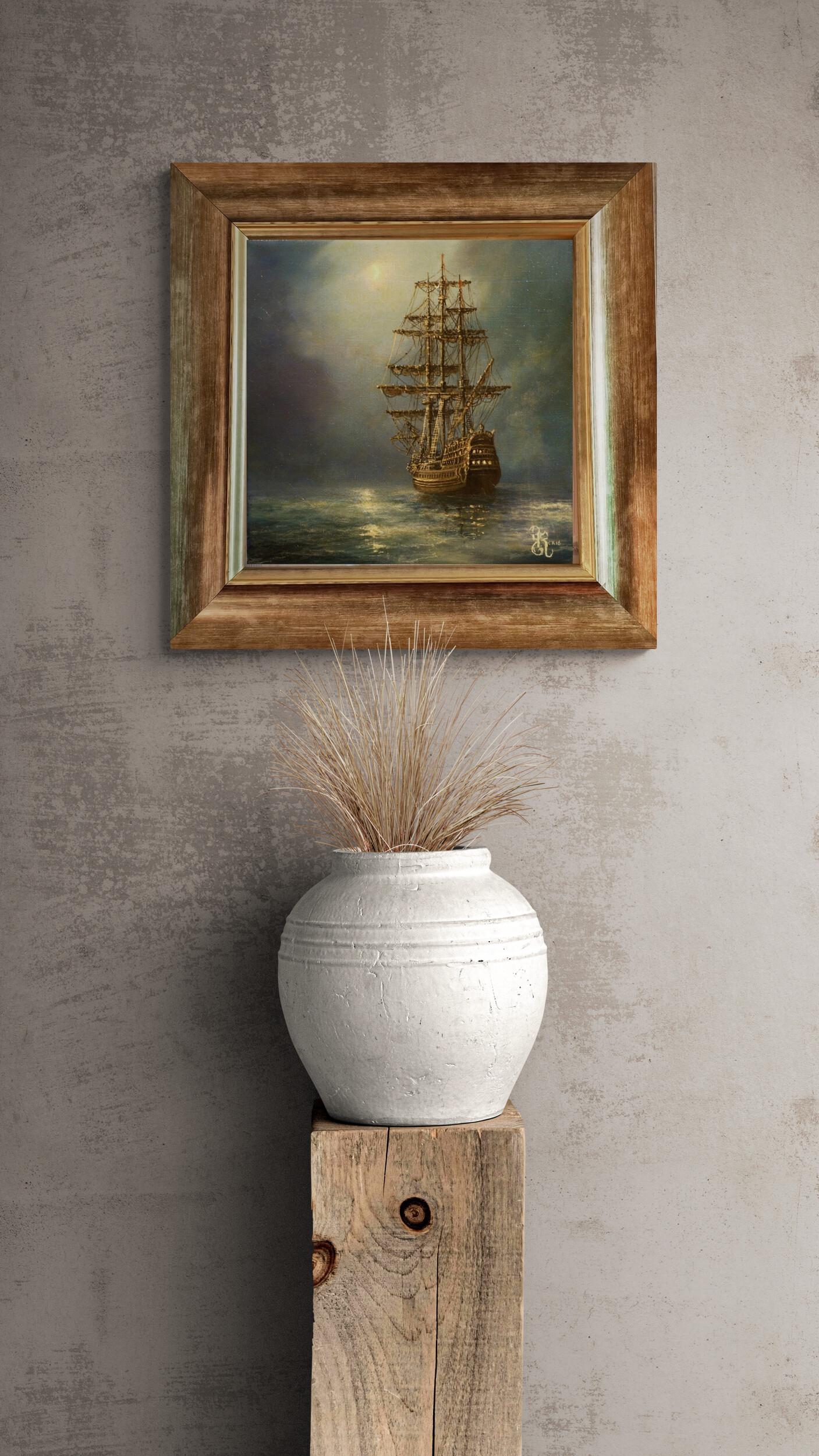 Mystic Voyage Giclee Art Print | Ship at Night Seascape Wall Art | Vintage Tall Ship Decoration in Framed Print