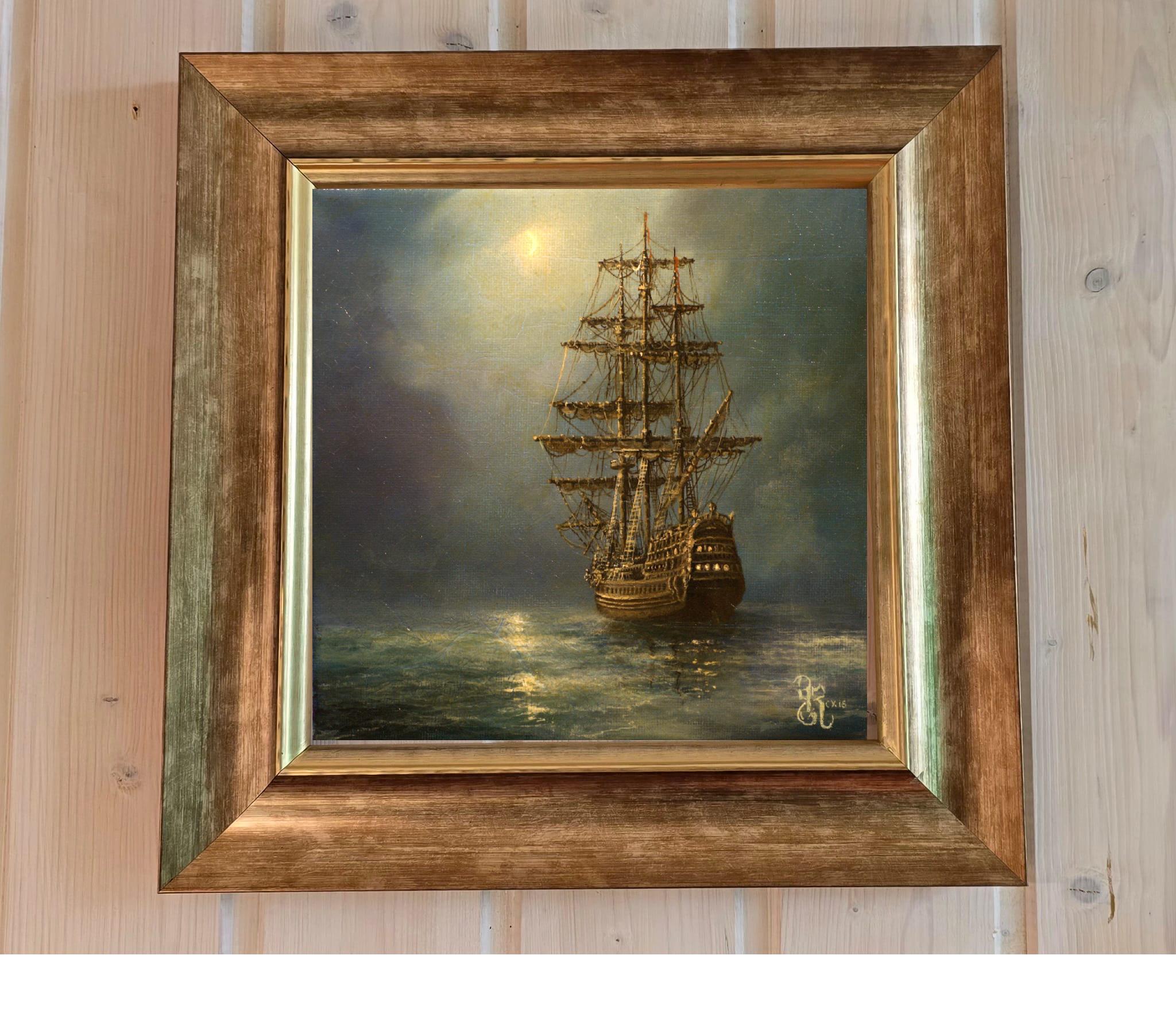 Mystic Voyage Giclee Art Print | Ship at Night Seascape Wall Art | Vintage Tall Ship Decoration in Framed Print