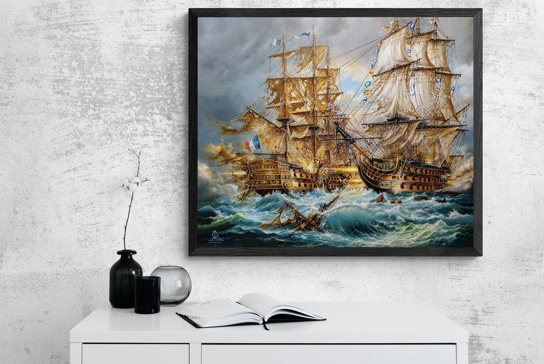 BATTLE of TRAFALGAR historical scene, HMS Victory battle ship, Tall Ship decoration, Napoleonic time, Giclee canvas of original oil painting FOSHE ART