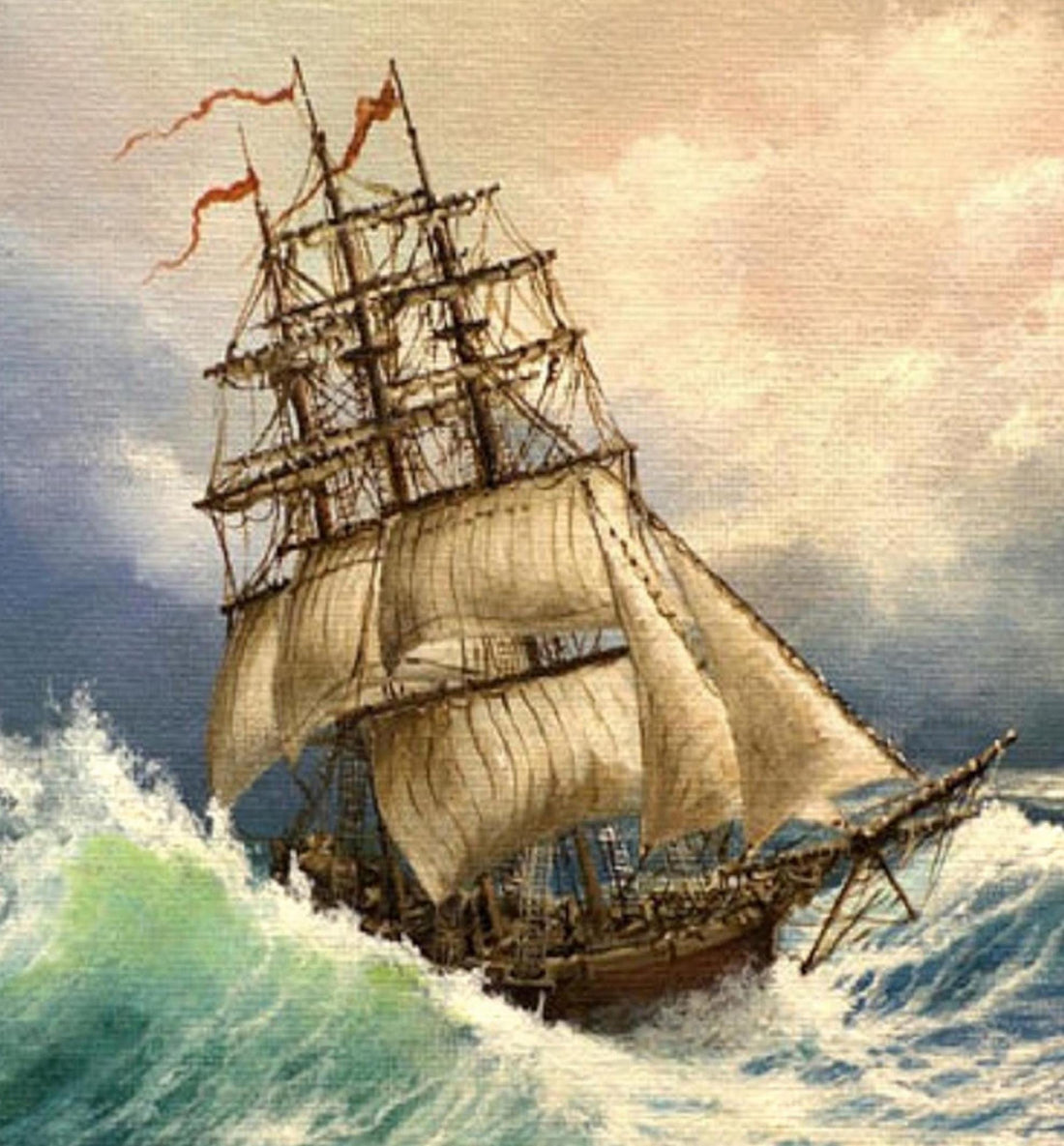 Tall Ship Canvas Print: 3D Texture, Golden Wooden Frame (15.7" x 15.7") FOSHE ART