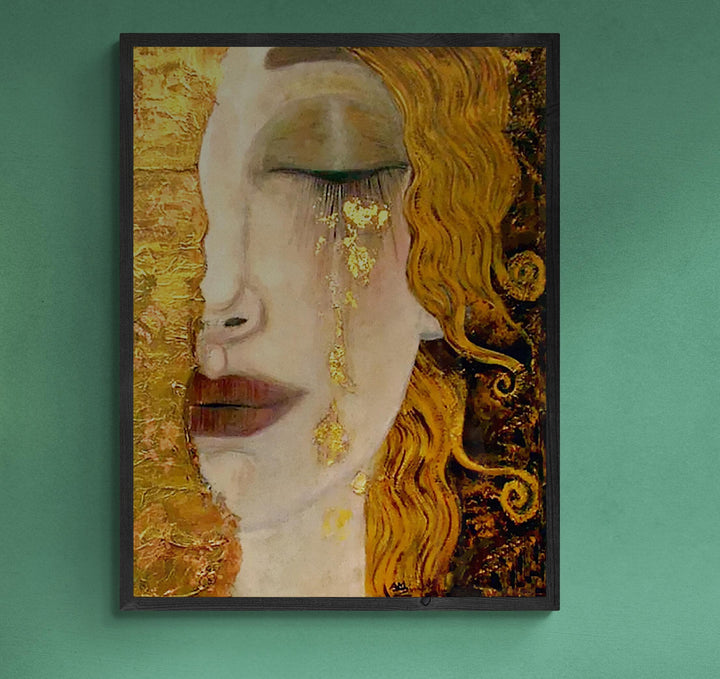 Golden Tears Art Print, Gustav Klimt Wall Art, Freya's Tears Canvas, Women Wall Decore, 3D hand finish print on canvas with brush strokes